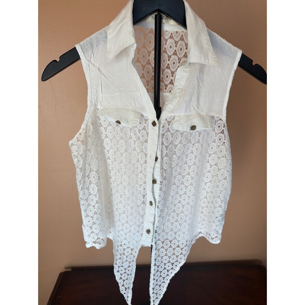 Intensity White Eyelet Lace Sleeveless Tie Front Button Down Blouse Top Large